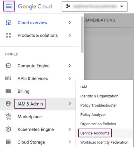 Opening the Service Accounts page of a Google Cloud Platform project Opening the Service Accounts page of a Google Cloud Platform project
