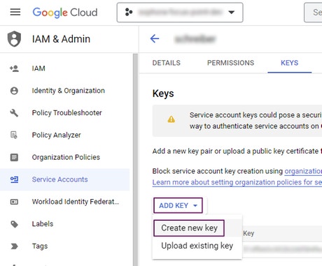 Creating a new key for a service account in Google Cloud Platform Creating a new key for a service account in Google Cloud Platform