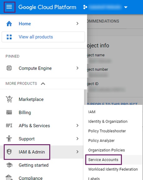 Opening the Service Accounts page of a Google Cloud Platform project Opening the Service Accounts page of a Google Cloud Platform project
