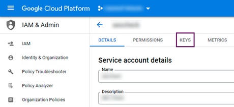 Opening the keys page of a service account in Google Cloud Platform Opening the keys page of a service account in Google Cloud Platform