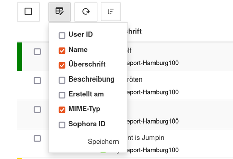 Configuration of the displayed table columns A list of columns pop out. The selectable options are listed in the main text.
