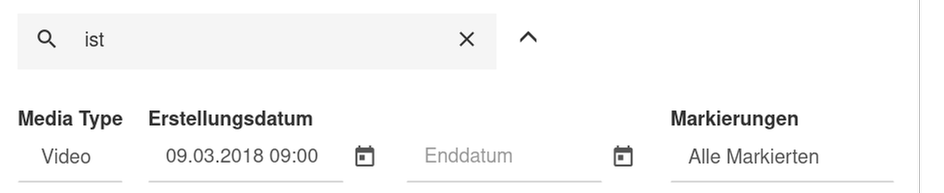 Search bar and filter options The search bar is filled with the word "ist" and the filters are set to match videos created after the 9.3.2018 that have a marker.