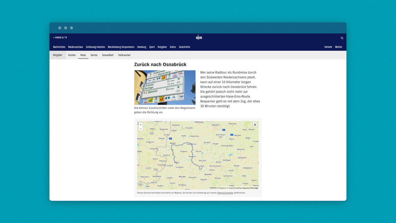 Sophora Maps: Karte einer Radtour beim NDR