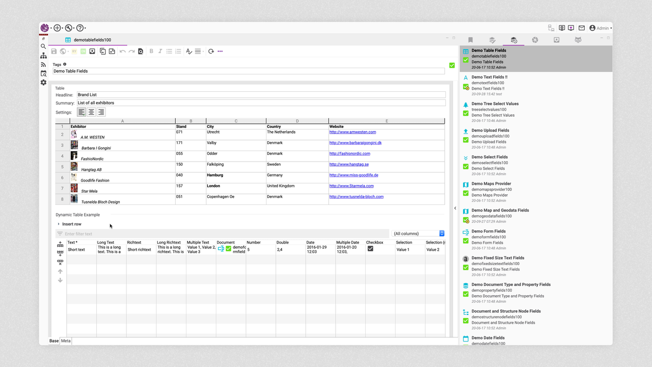 Sophora Data Model Editor: Tabellen